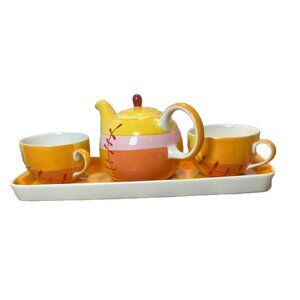 Hues N Brews Teapot Set w/ 2 Cups & Tray Ceramic Yellow Orange Hand Painted